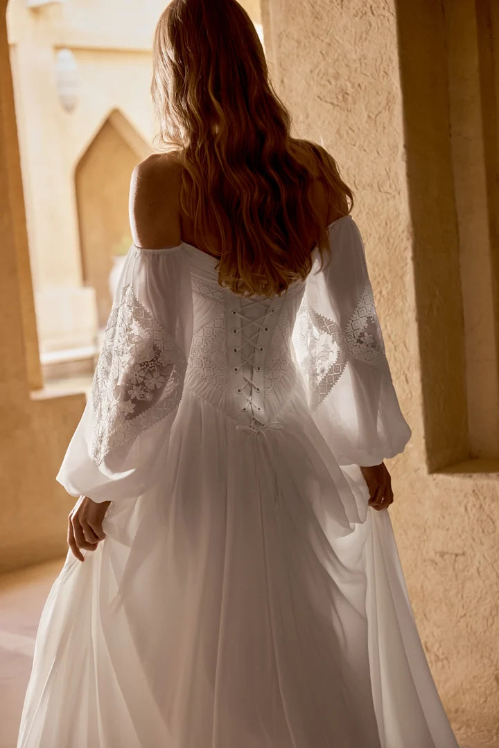 35777-Chiffon and Lace A-Line Gown with Pleat Detail on Bust and Matte Lace Appliqués