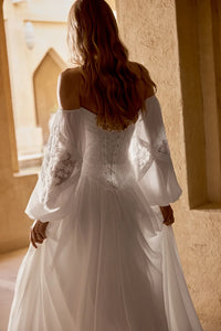 35777-Chiffon and Lace A-Line Gown with Pleat Detail on Bust and Matte Lace Appliqués