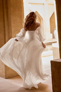 35777-Chiffon and Lace A-Line Gown with Pleat Detail on Bust and Matte Lace Appliqués