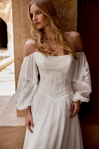 35777-Chiffon and Lace A-Line Gown with Pleat Detail on Bust and Matte Lace Appliqués