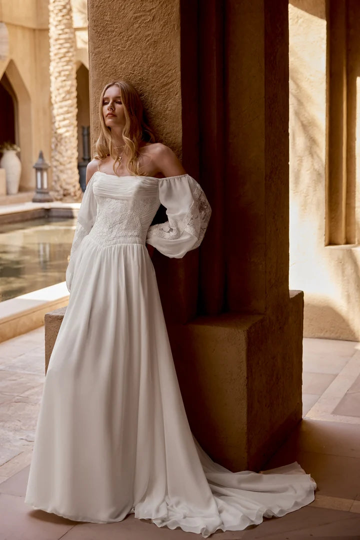 35777-Chiffon and Lace A-Line Gown with Pleat Detail on Bust and Matte Lace Appliqués