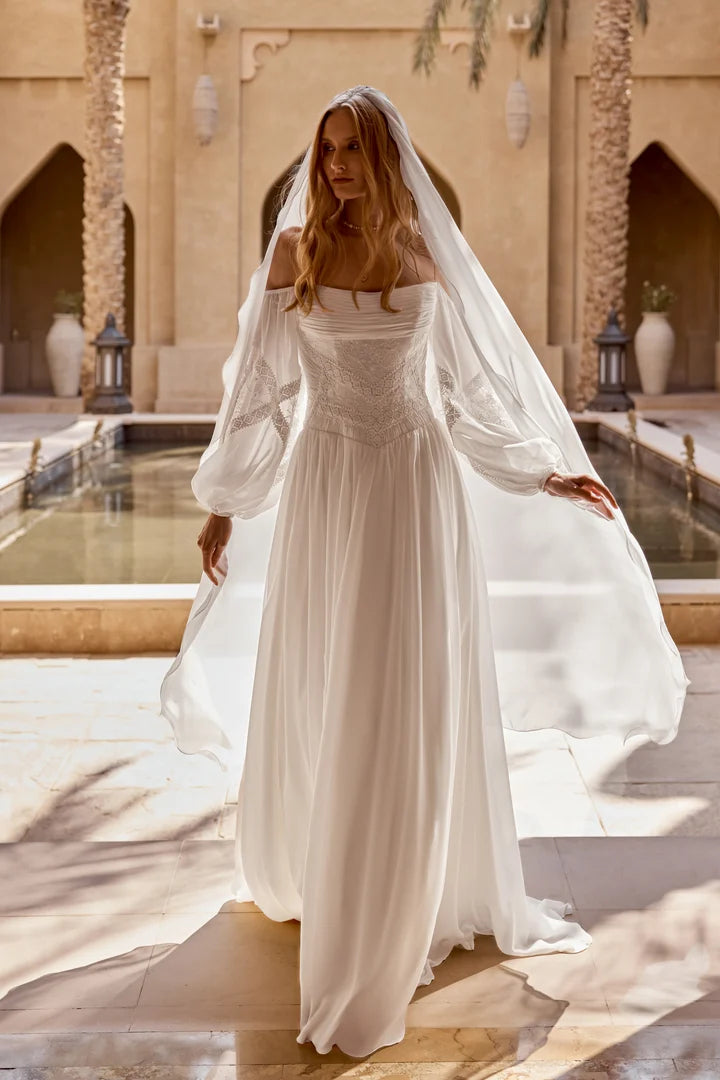 35777-Chiffon and Lace A-Line Gown with Pleat Detail on Bust and Matte Lace Appliqués