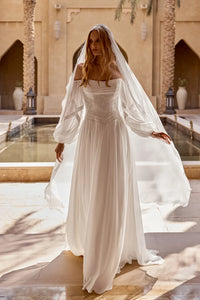 35777-Chiffon and Lace A-Line Gown with Pleat Detail on Bust and Matte Lace Appliqués