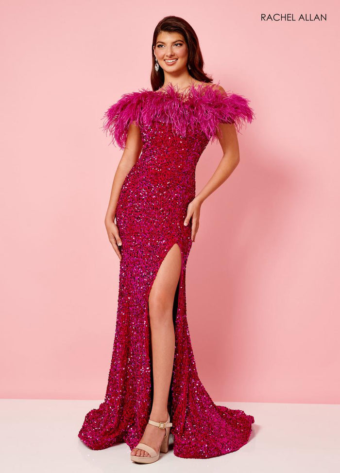 Rachel Allan Prom Dress 70280 - Off-Shoulder Feathered Fitted Gown