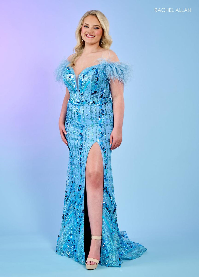 off the shoulder feather dresses Rachel Allan 70509 Off-Shoulder Feather Sequin Gown – normansbridal