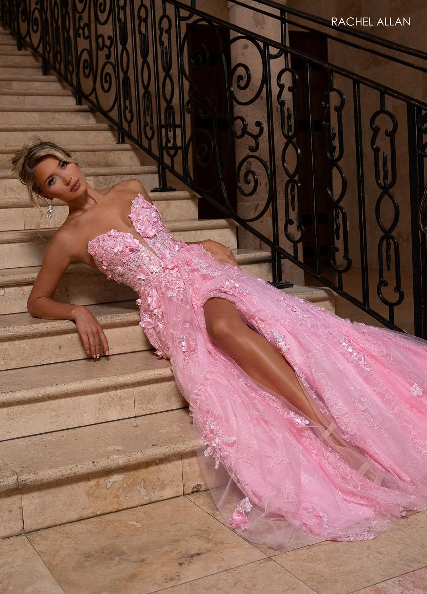 Rachel Allan 70724 Strapless Long A-Line Dress with Floral Appliques