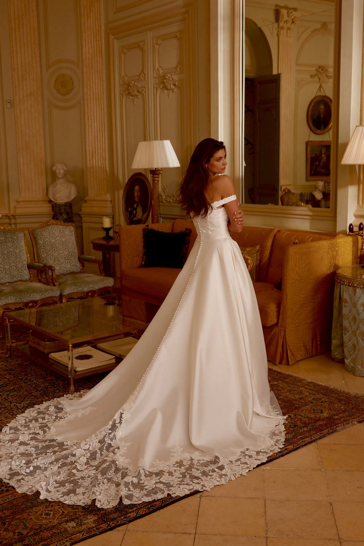 34497 - Mikado A-Line Gown with Sequined Lace and Dramatic Cathedral Train