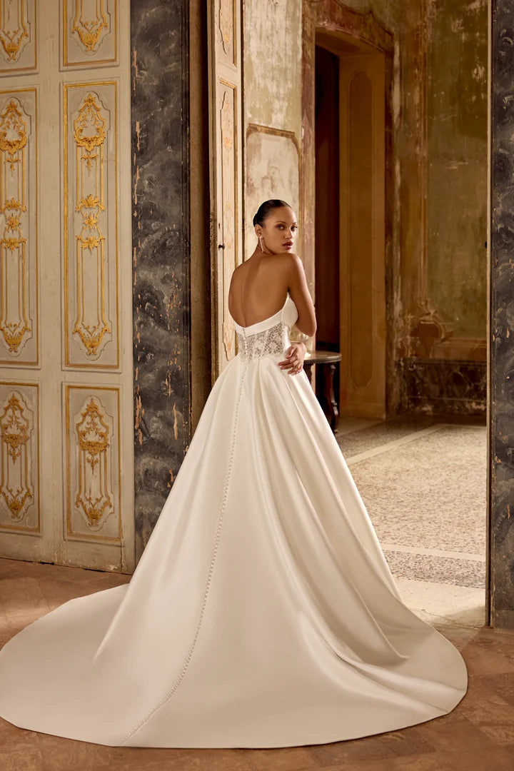 33260 - Soft A-Line Bridal Dress with Intricate Beaded Illusion Back