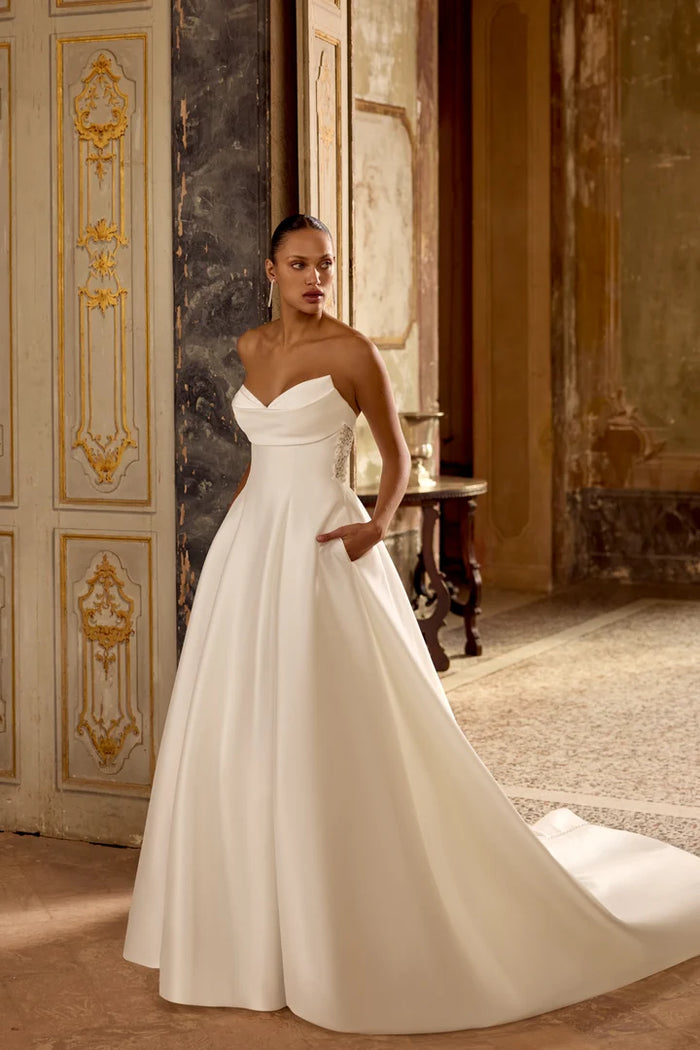 33260 - Soft A-Line Bridal Dress with Intricate Beaded Illusion Back