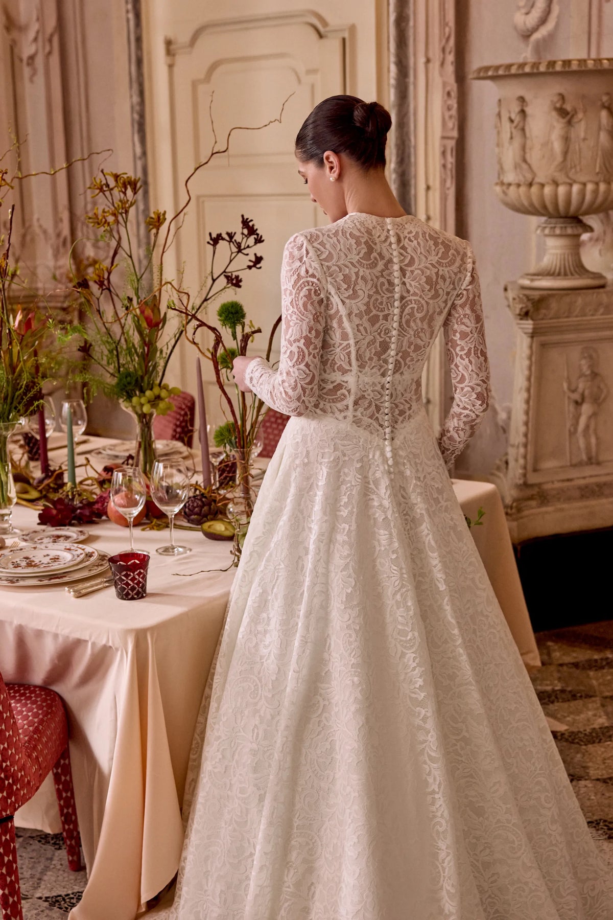 33674 - Allover Lace A-Line Gown with Plunging V-Neckline and Basque Waist