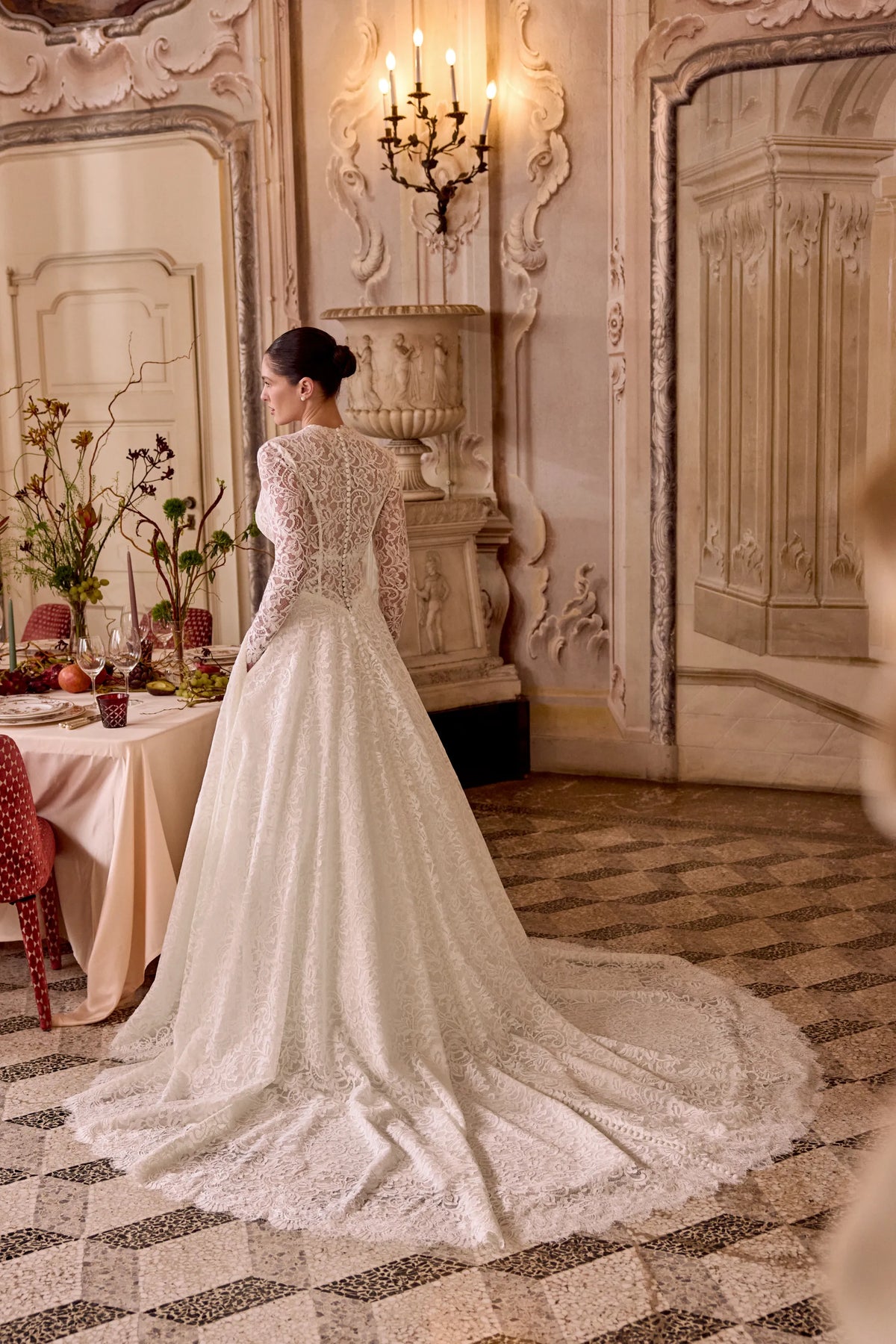 33674 - Allover Lace A-Line Gown with Plunging V-Neckline and Basque Waist