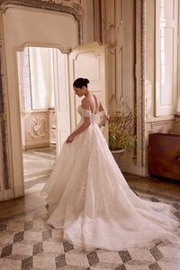 33676 - Sparkling Tulle Ball Gown with Plunging Neck & Off-the-Shoulder Straps