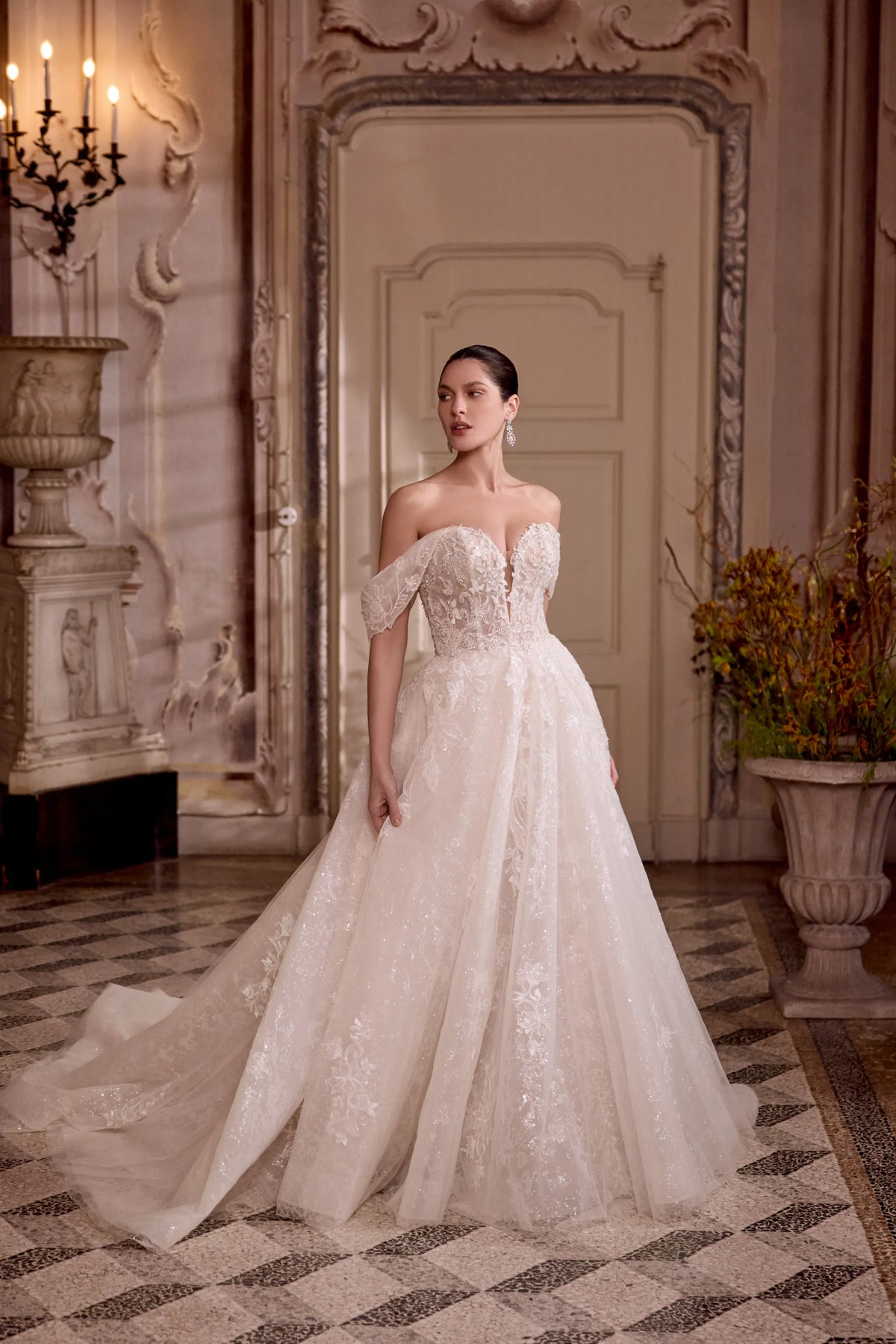 33676 - Sparkling Tulle Ball Gown with Plunging Neck & Off-the-Shoulder Straps