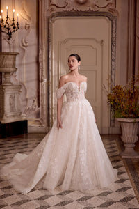 33676 - Sparkling Tulle Ball Gown with Plunging Neck & Off-the-Shoulder Straps