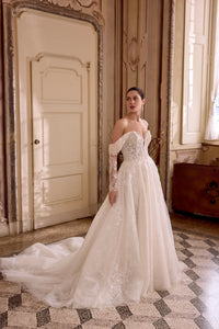 33676 - Sparkling Tulle Ball Gown with Plunging Neck & Off-the-Shoulder Straps