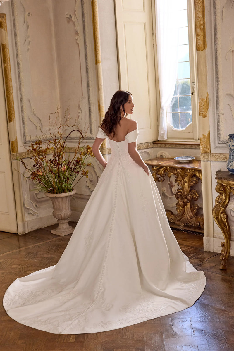 33677 - Matte Satin A-Line Gown with Detachable Off-the-Shoulder Straps