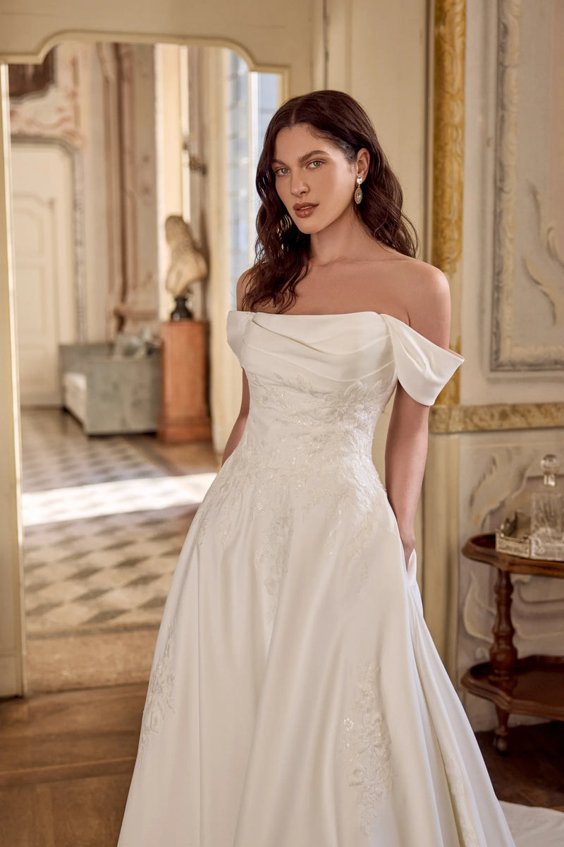 33677 - Matte Satin A-Line Gown with Detachable Off-the-Shoulder Straps