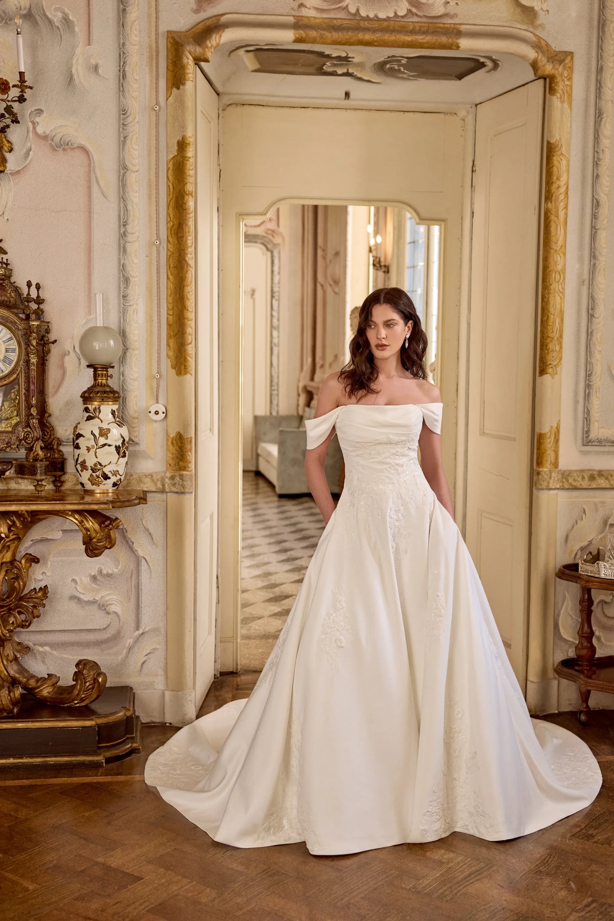 33677 - Matte Satin A-Line Gown with Detachable Off-the-Shoulder Straps