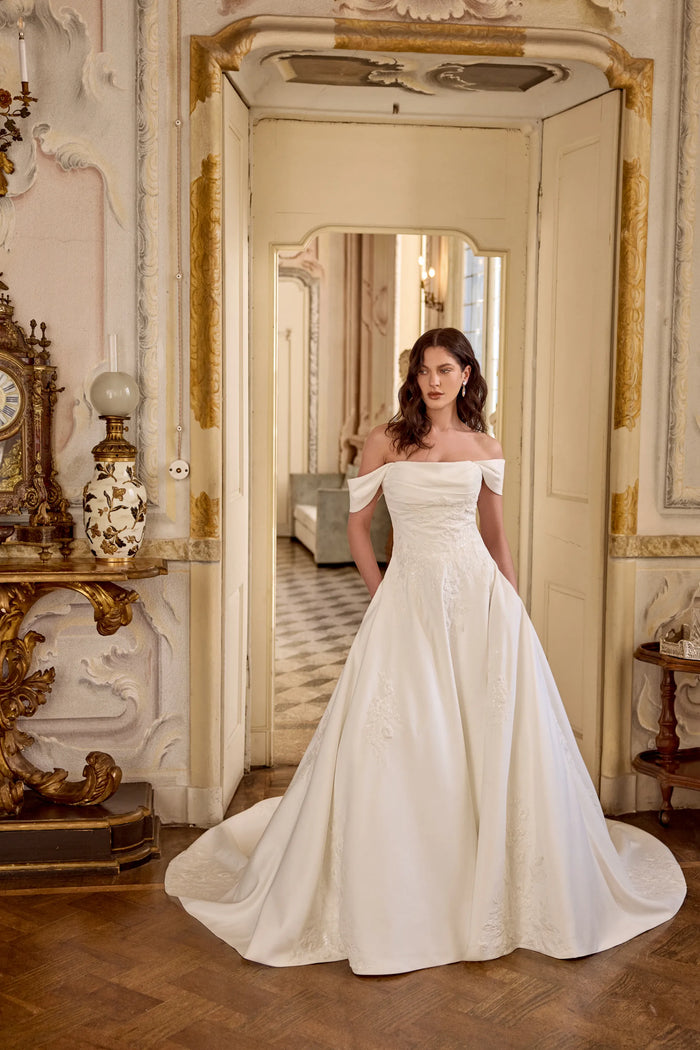 33677 - Matte Satin A-Line Gown with Detachable Off-the-Shoulder Straps