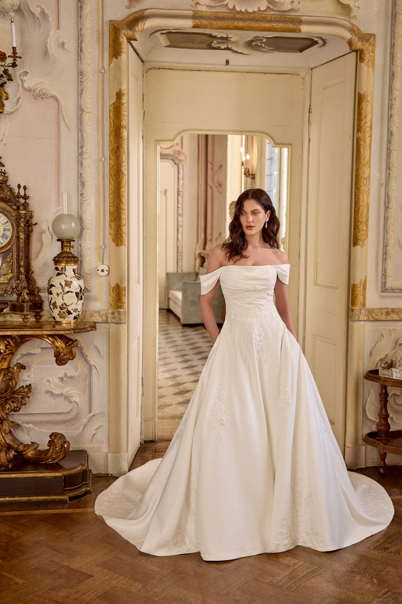 33677 - Matte Satin A-Line Gown with Detachable Off-the-Shoulder Straps