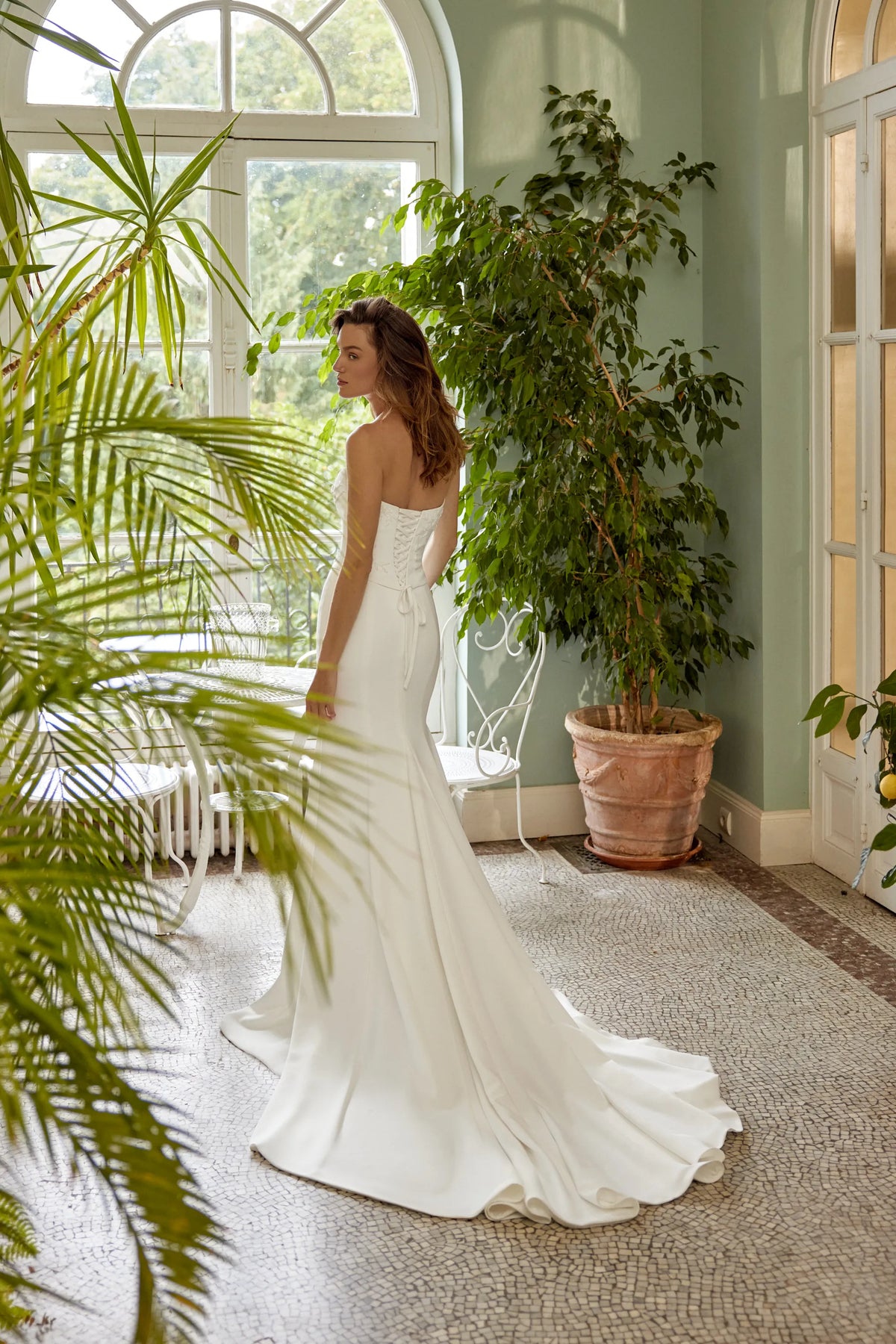 88500-Crepe Fit and Flare Mock Two-Piece Wedding Dress