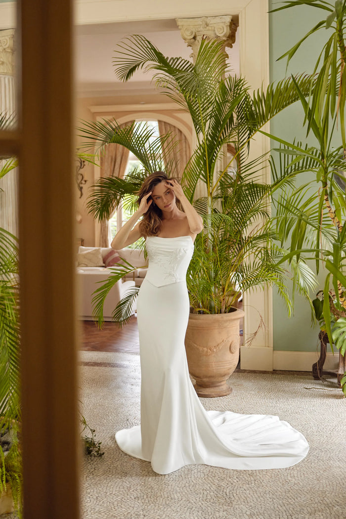 88500-Crepe Fit and Flare Mock Two-Piece Wedding Dress