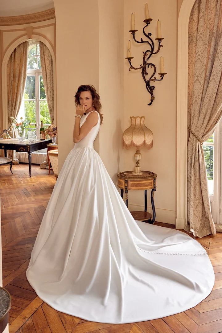 34857-Mikado Ball Gown with Pearl Trim Sabrina Neckline and Low V-Back