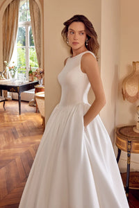 34857-Mikado Ball Gown with Pearl Trim Sabrina Neckline and Low V-Back
