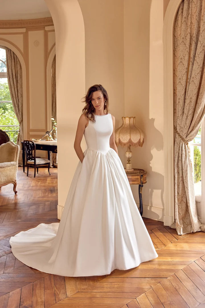 34857-Mikado Ball Gown with Pearl Trim Sabrina Neckline and Low V-Back