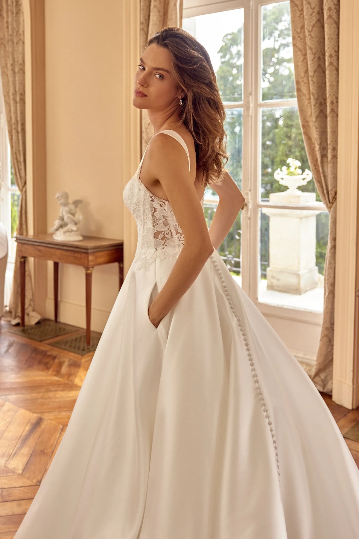 34859-Mikado A-line With Lace Applique Detail