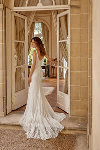 34861-Matte Lace Fit and Flare with Square Neck Wedding Dress