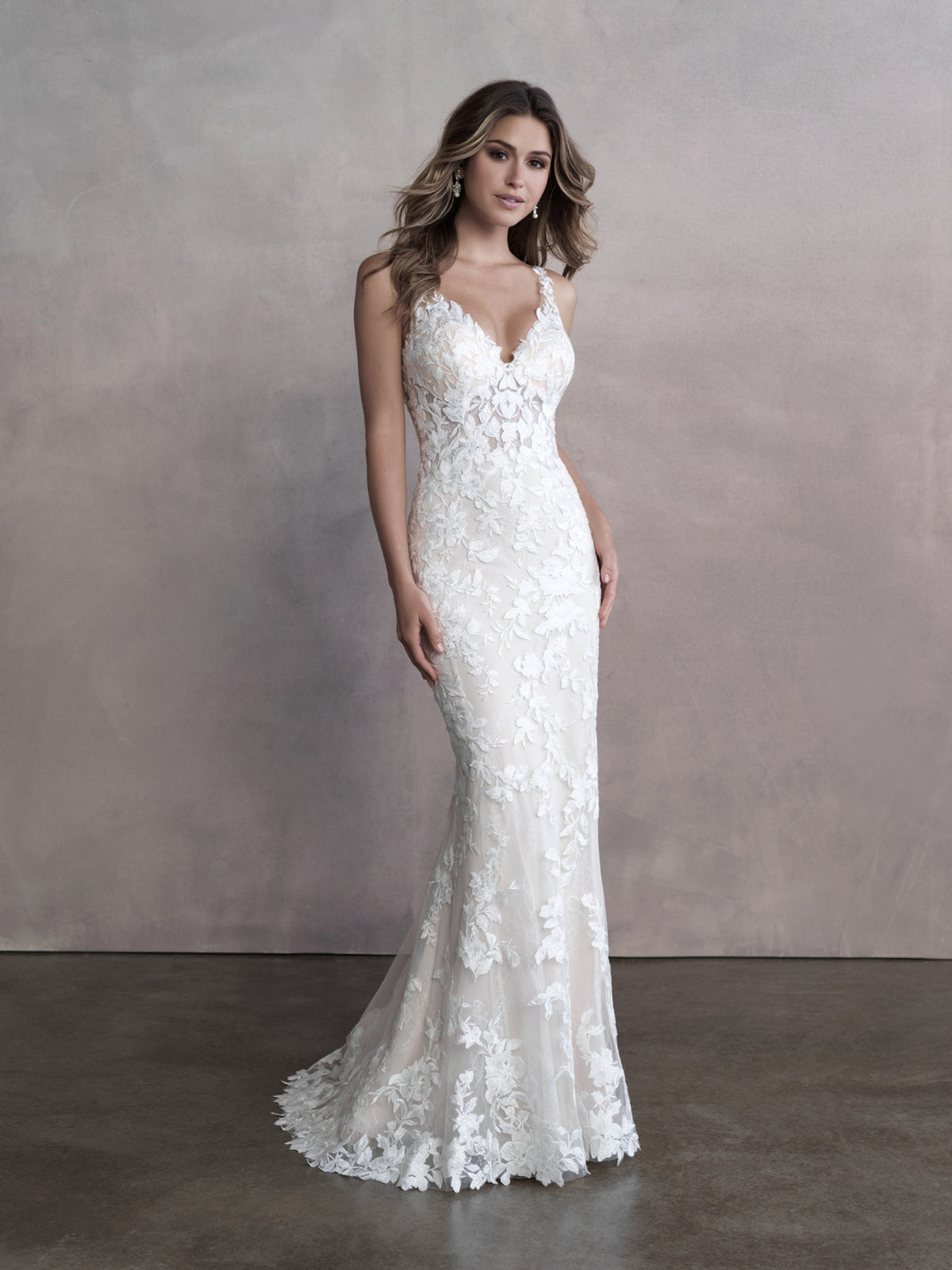27183 - Modern Fit-and-Flare Bridal Gown with Lace Accents