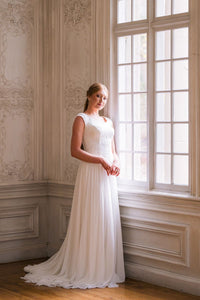 33862 - Lace and Chiffon A-Line Gown with Cap Sleeves