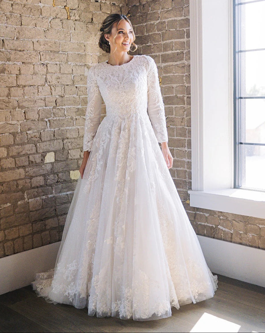 33863 Modest High Neck Long Sleeve Lace A-line