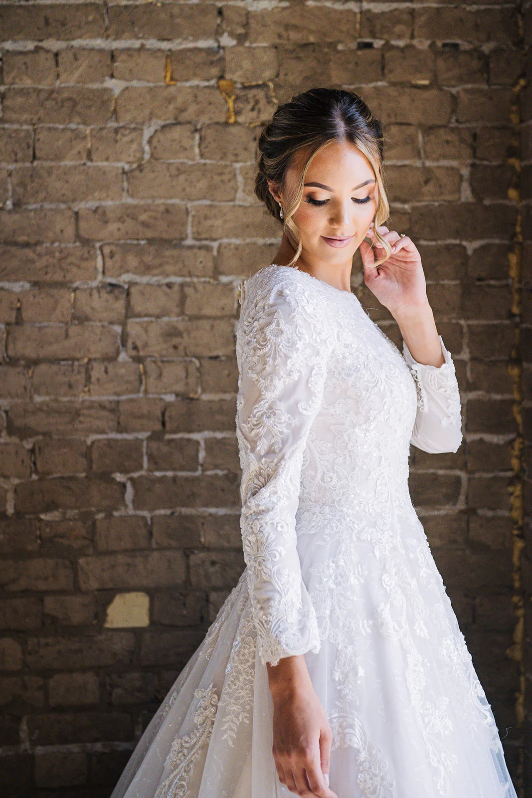 33863 Modest High Neck Long Sleeve Lace A-line