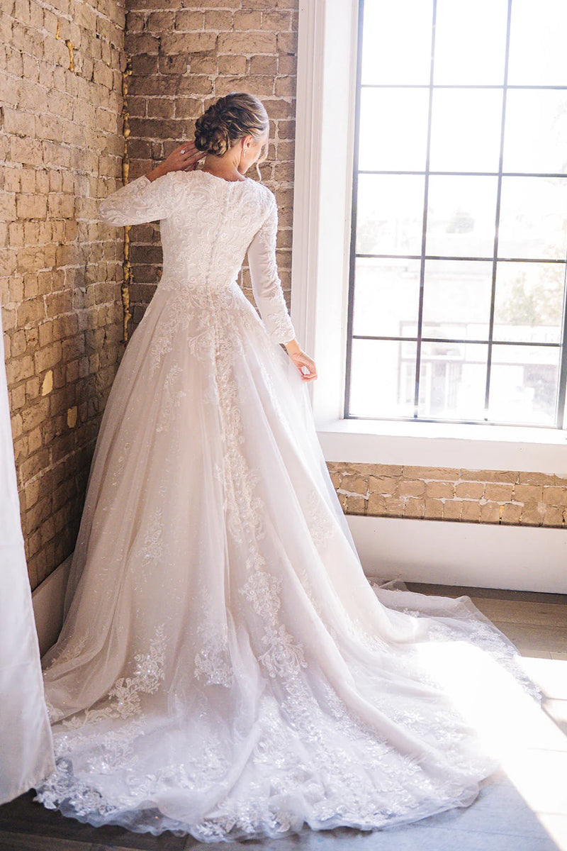 33863 Modest High Neck Long Sleeve Lace A-line