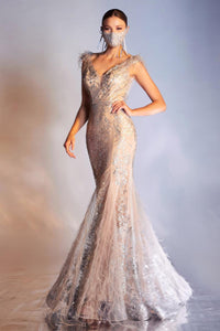 Ladivine Dress C57 - Plunging Neckline, Long Floral Fit and Flare Gown