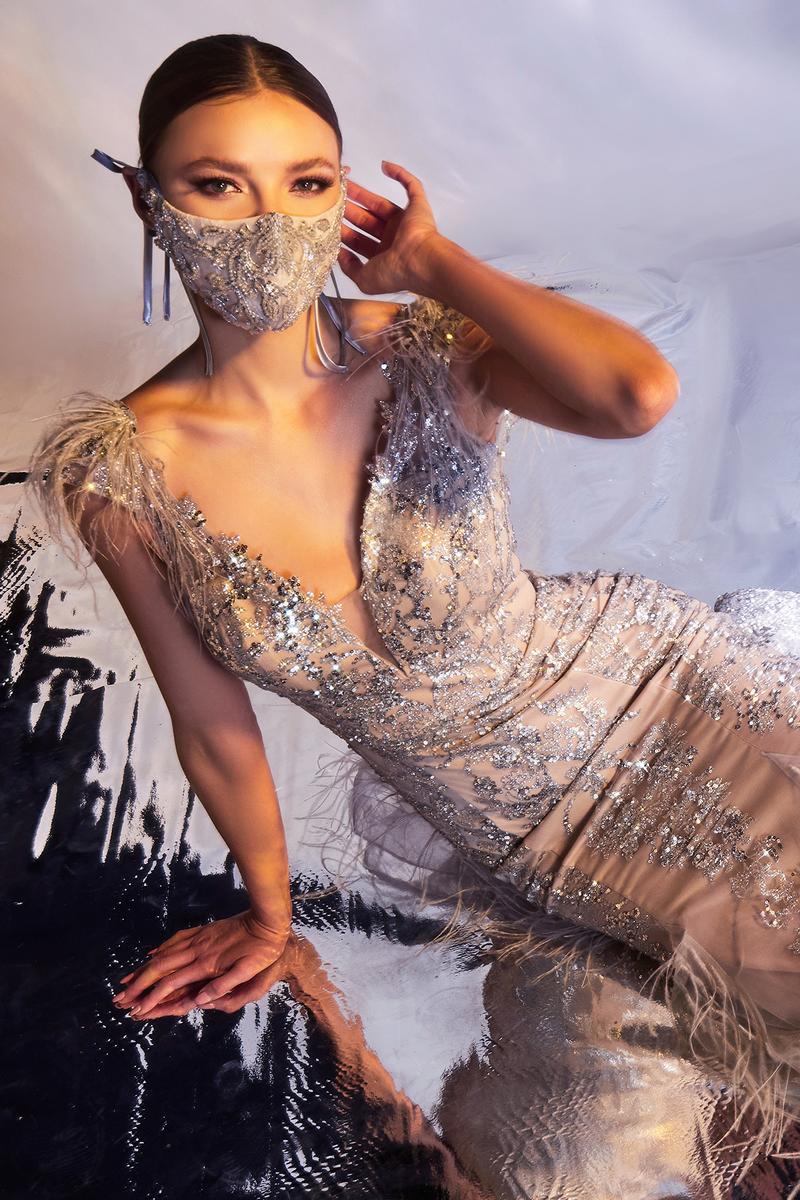 Ladivine Dress C57 - Plunging Neckline, Long Floral Fit and Flare Gown
