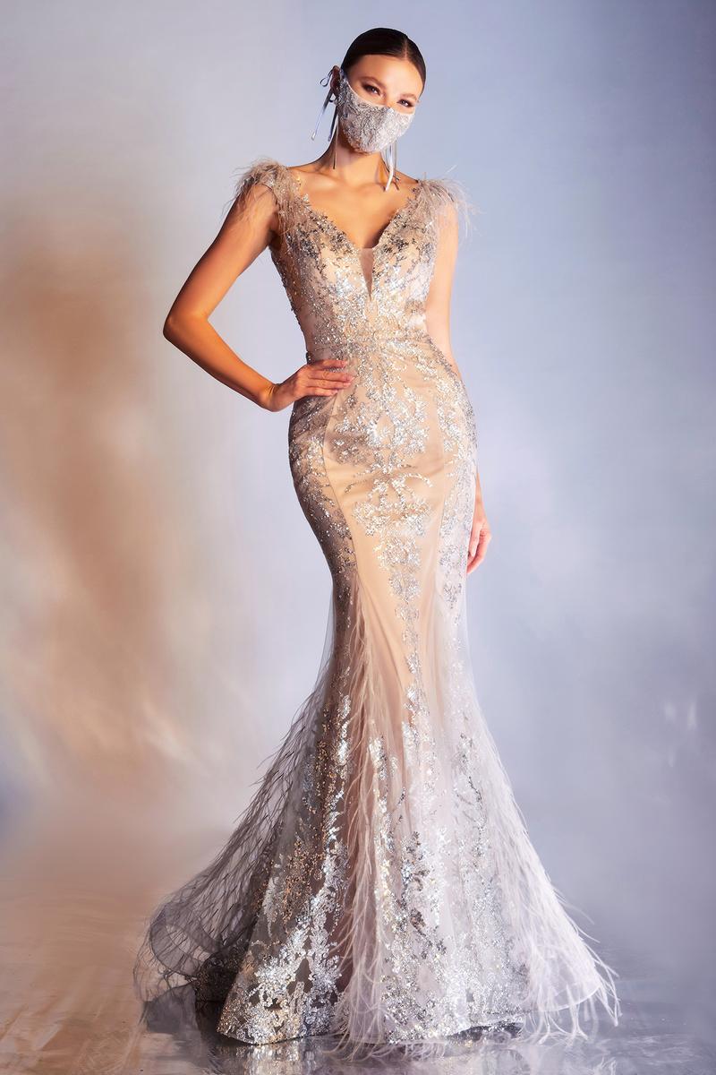 Ladivine Dress C57 - Plunging Neckline, Long Floral Fit and Flare Gown