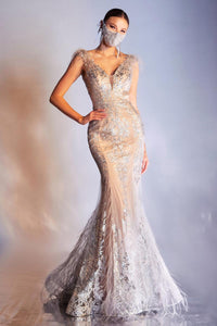 Ladivine Dress C57 - Plunging Neckline, Long Floral Fit and Flare Gown