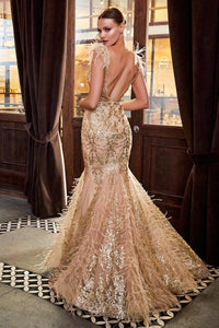 Ladivine Dress C57 - Plunging Neckline, Long Floral Fit and Flare Gown