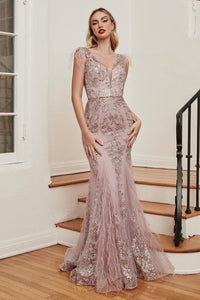 Ladivine Dress C57 - Plunging Neckline, Long Floral Fit and Flare Gown
