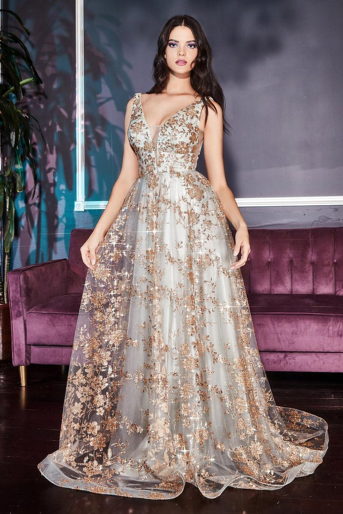Ladivine Dress CB068 - Plunge Neckline, Long Floral Fit and Flare