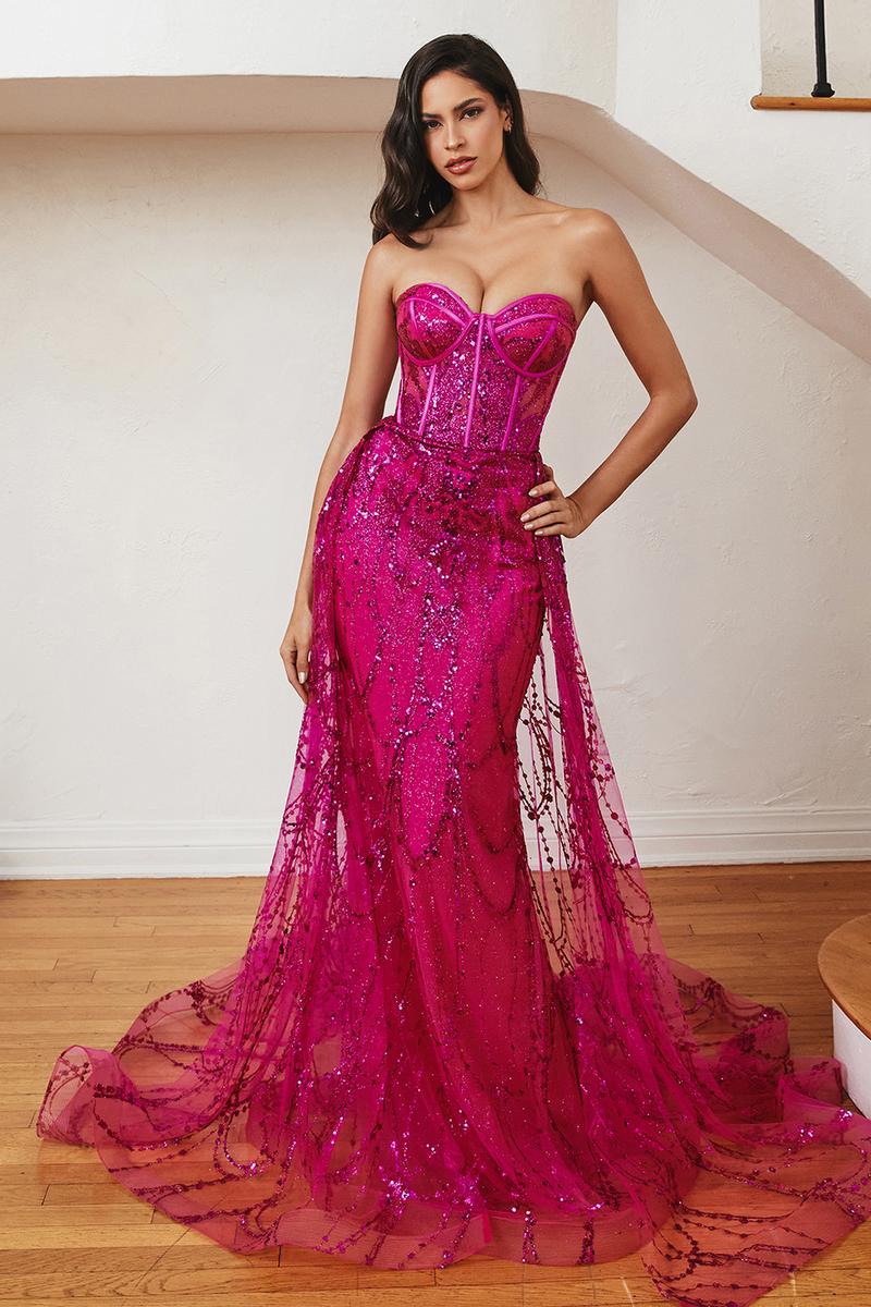 Ladivine Dress CB095 - Plunge Neckline, Long Floral Fit and Flare