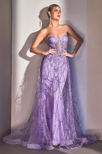 Ladivine Dress CB095 - Plunge Neckline, Long Floral Fit and Flare