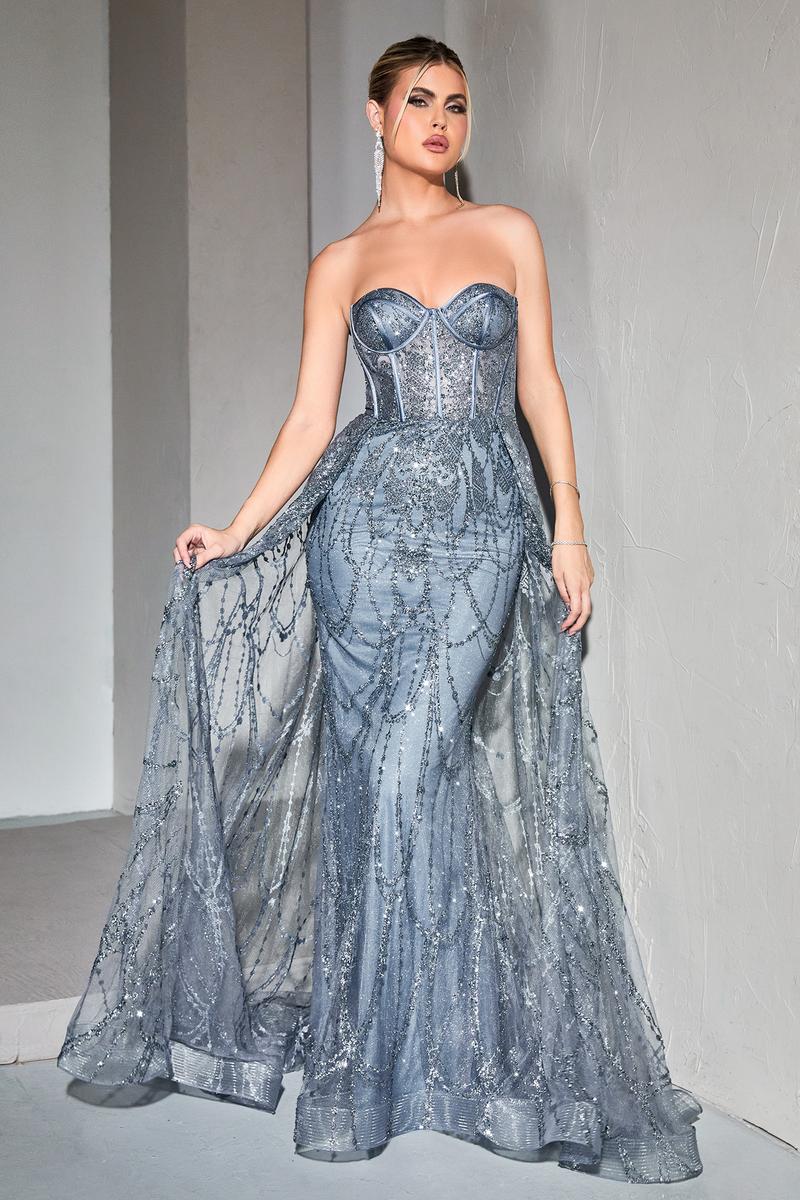 Ladivine Dress CB095 - Plunge Neckline, Long Floral Fit and Flare