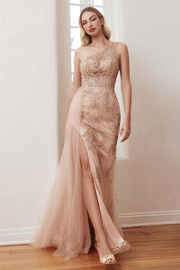 Ladivine Dress CB098 - Plunge Neckline, Long Floral Fit and Flare Gown