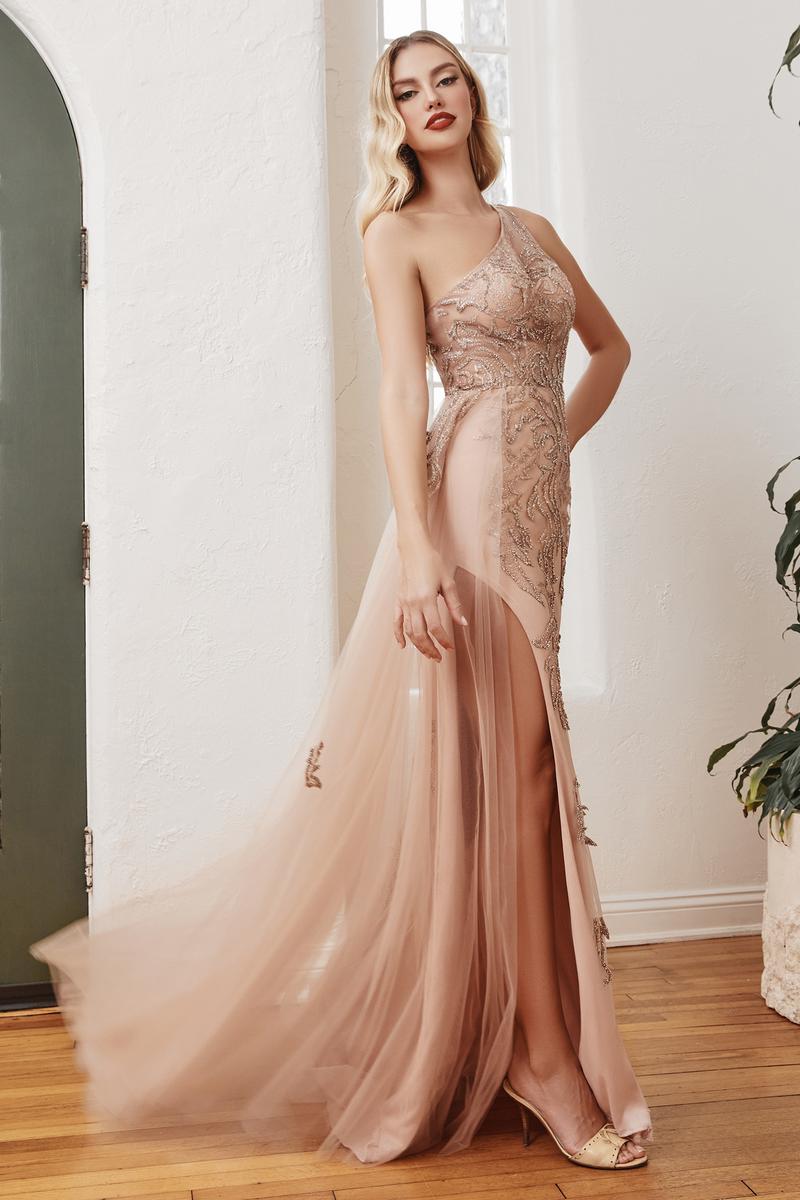 Ladivine Dress CB098 - Plunge Neckline, Long Floral Fit and Flare Gown