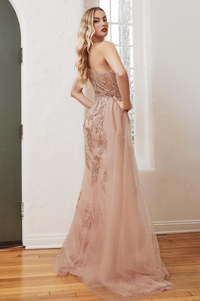Ladivine Dress CB098 - Plunge Neckline, Long Floral Fit and Flare Gown