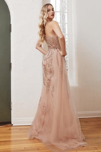 Ladivine Dress CB098 - Plunge Neckline, Long Floral Fit and Flare Gown